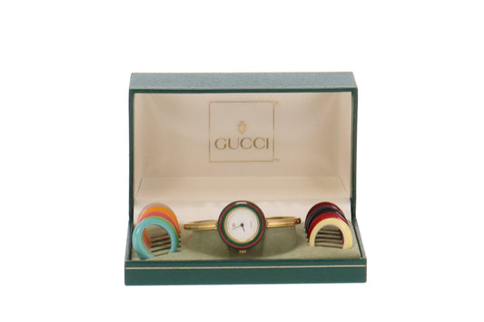 Gucci Vintage Gold Bracelet Watch With 12 Interchangeable Bezels Boxed