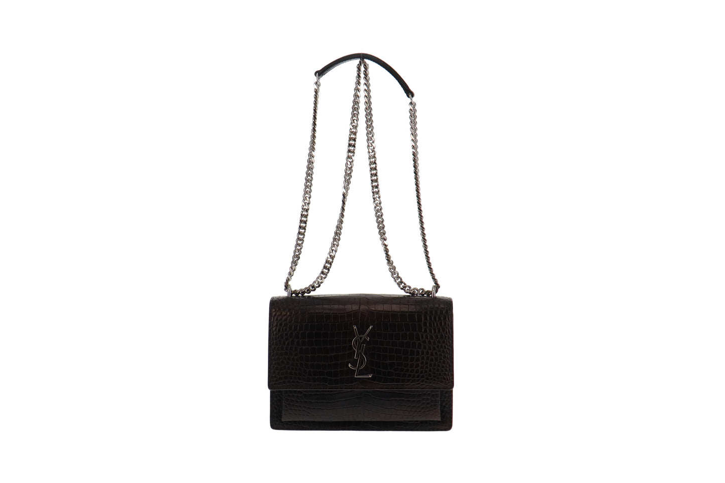 Saint Laurent Black Croc Embossed Shiny Leather Medium Sunset RRP €2400