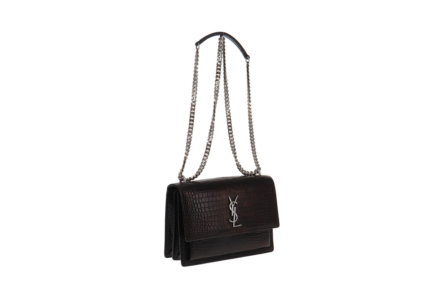 Saint Laurent Black Croc Embossed Shiny Leather Medium Sunset RRP €2400