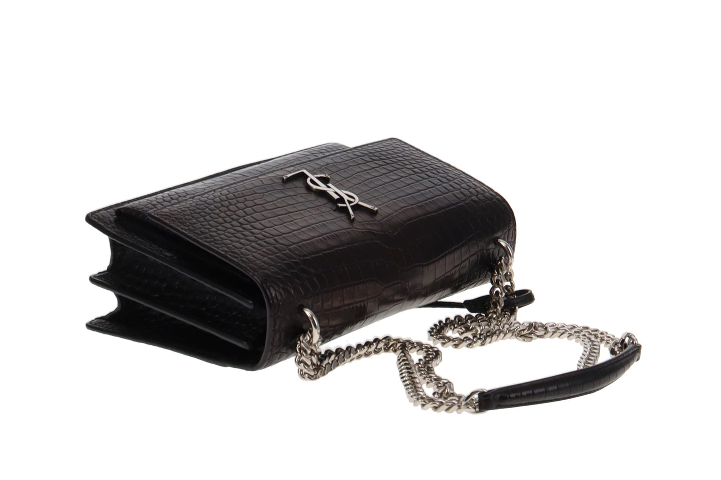Saint Laurent Black Croc Embossed Shiny Leather Medium Sunset RRP €2400