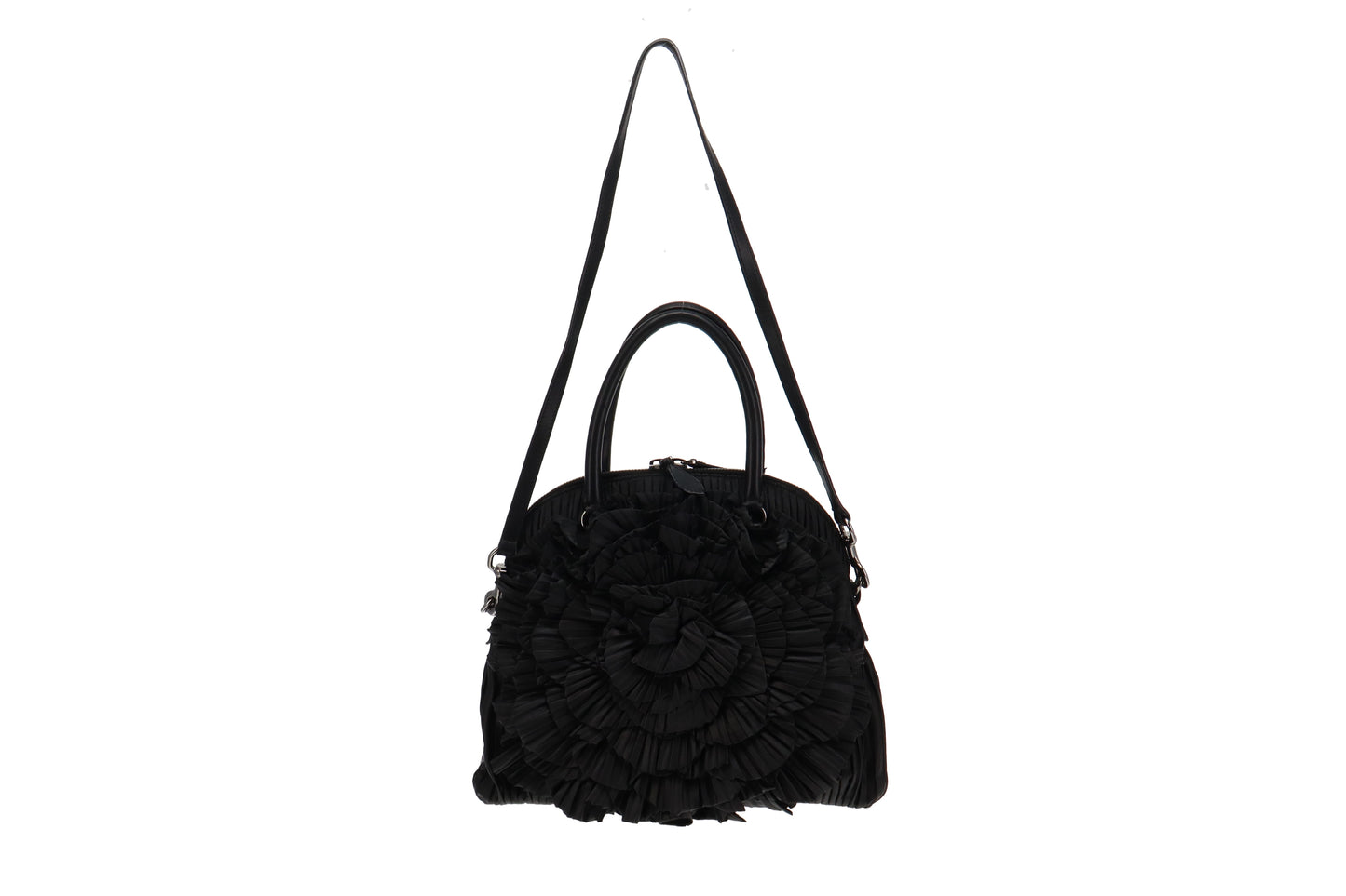 Valentino Black Nappa Leather Rose Rouched Dome Bag