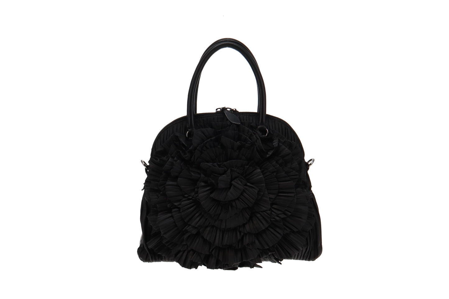 Valentino Black Nappa Leather Rose Rouched Dome Bag