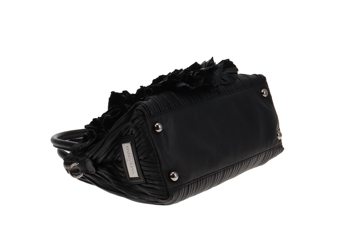 Valentino Black Nappa Leather Rose Rouched Dome Bag