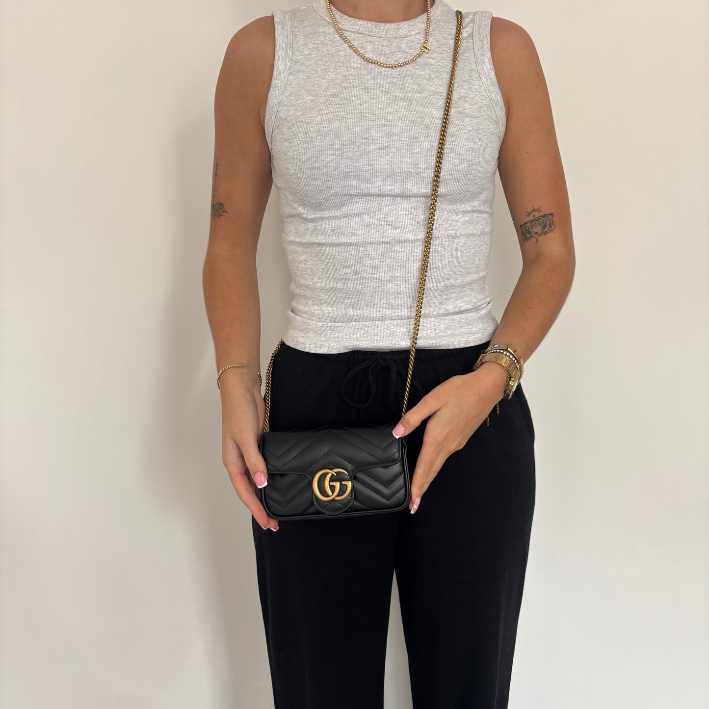 Gucci Black Leather Chevron Super Mini Marmont
