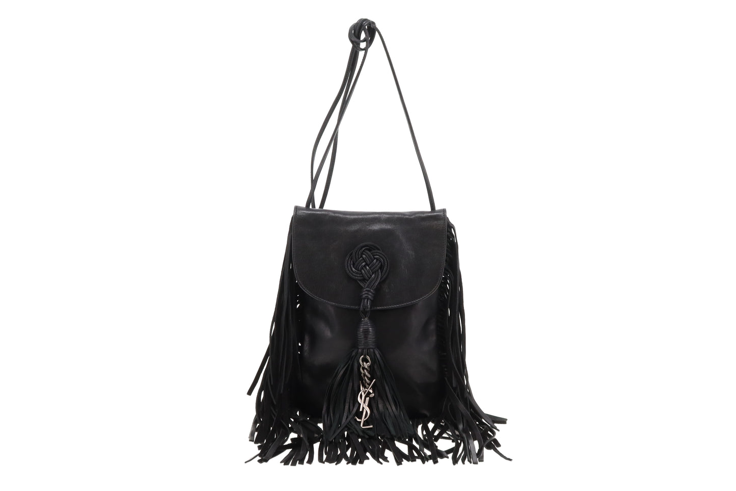 Saint Laurent Shoulder Bag Black Leather Fringe and Macrame Detail