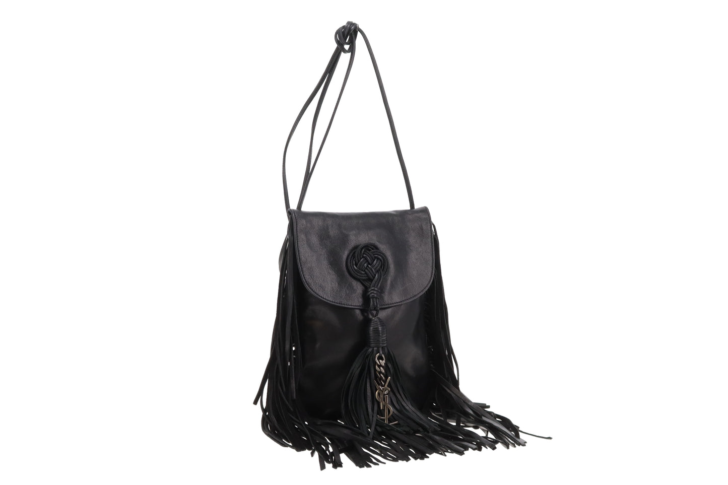 Saint Laurent Shoulder Bag Black Leather Fringe and Macrame Detail