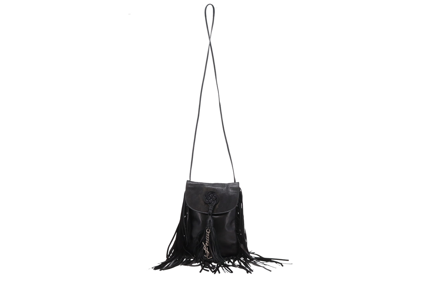 Saint Laurent Shoulder Bag Black Leather Fringe and Macrame Detail