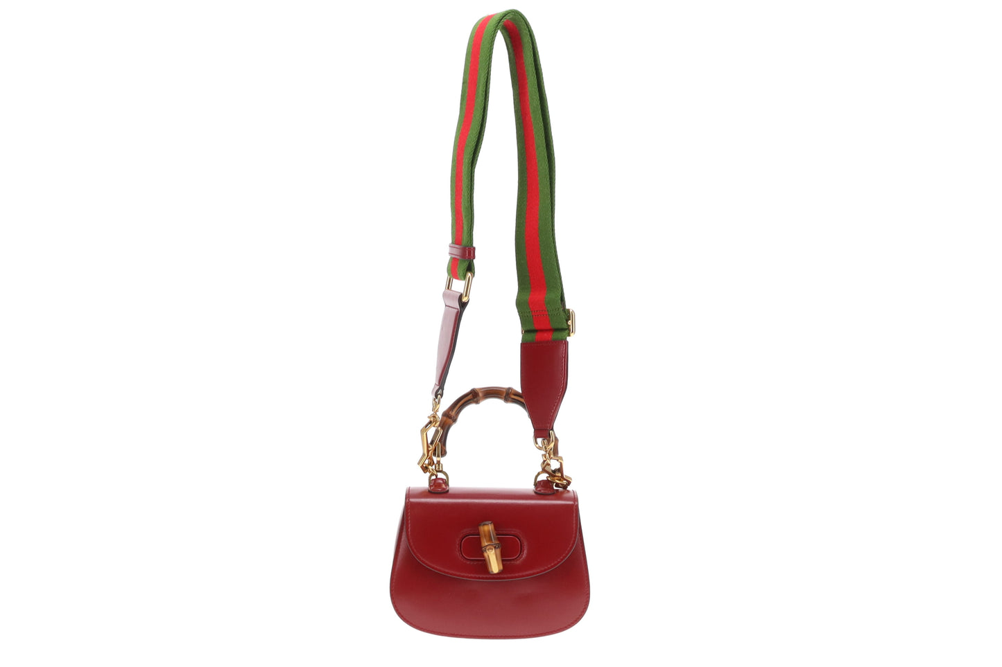 Gucci Bamboo 1947 Small Bag Red Leather With Dual Web & Thin Leather Strap