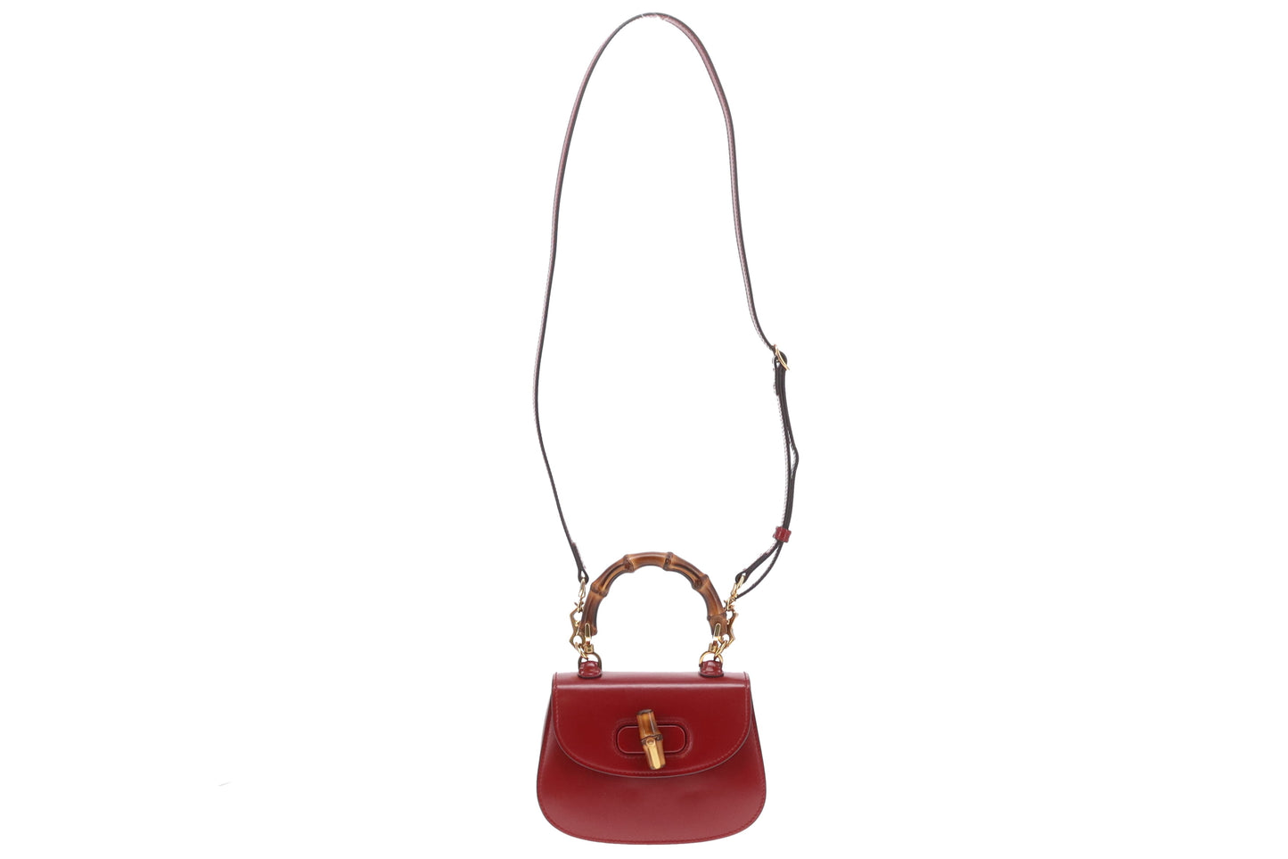 Gucci Bamboo 1947 Small Bag Red Leather With Dual Web & Thin Leather Strap