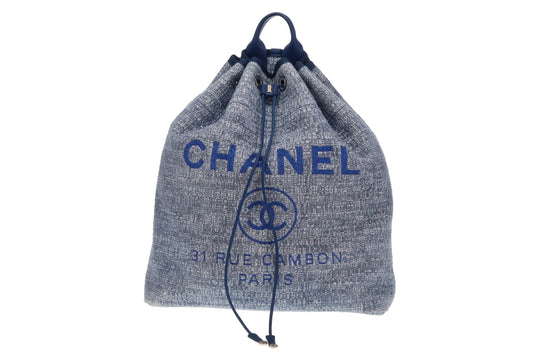 Chanel Deauville Drawstring Backpack Blue Tweed and Leather 2018