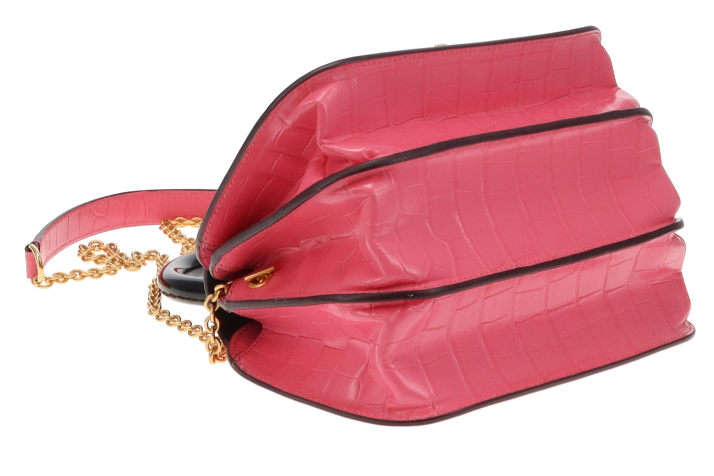 Mulbery Pink Shiny Croc Embossed Bovine Leather Mews Top Handle Chain Bag