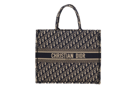 Dior Book Tote Large Ecru and Blue Oblique Embroidery