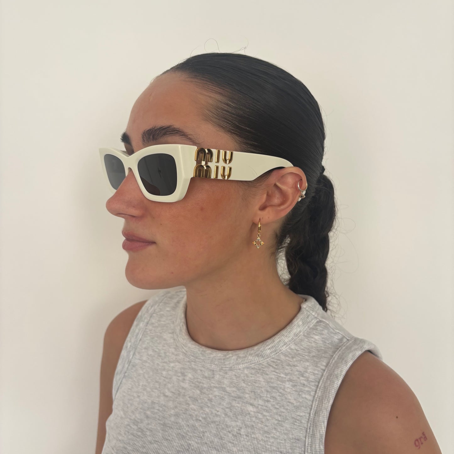 Miu Miu Miu Glimpse Sunglasses White with Gold Logo Arm
