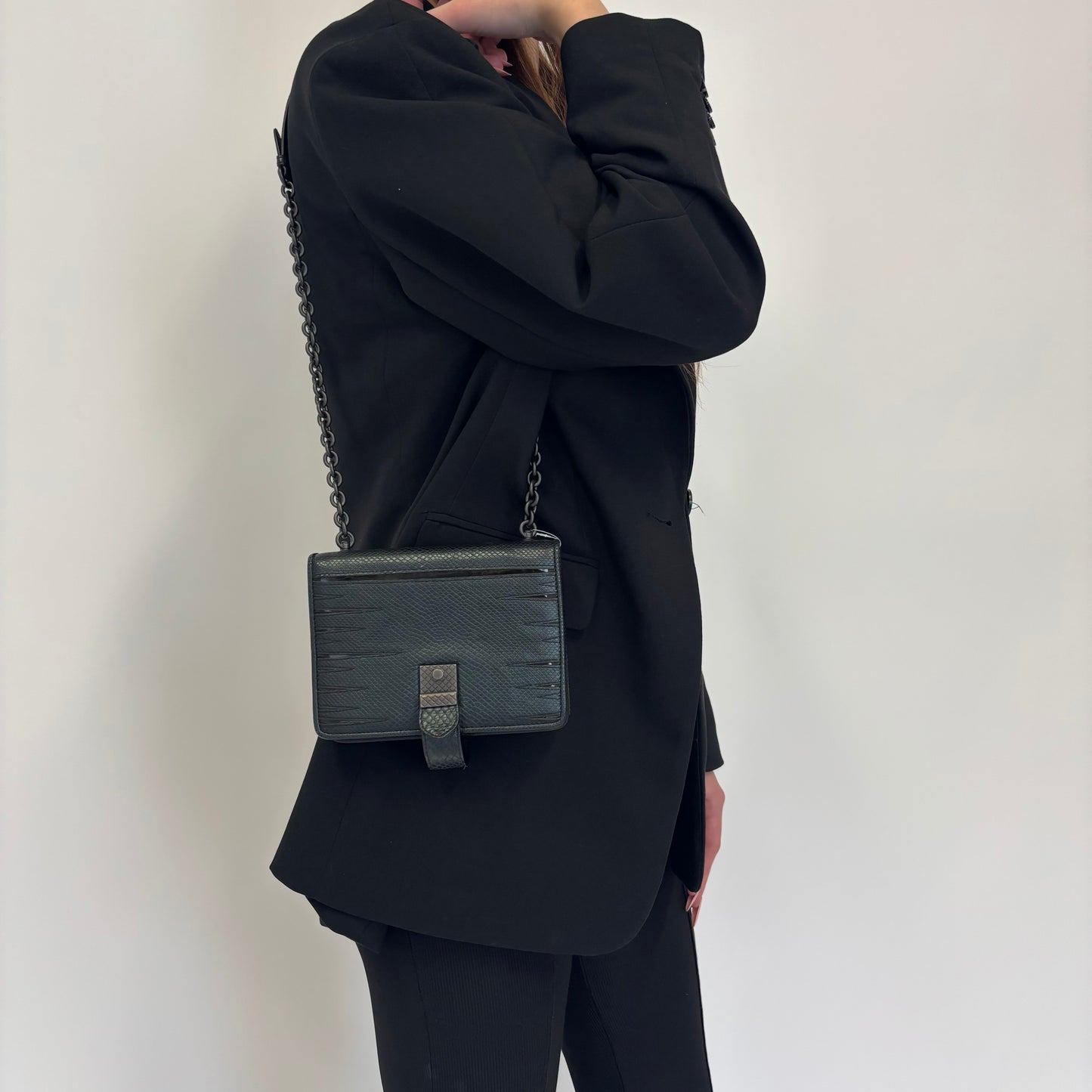 Bottega Veneta Black Lizard and Patent Detailing Pushlock Crossbody