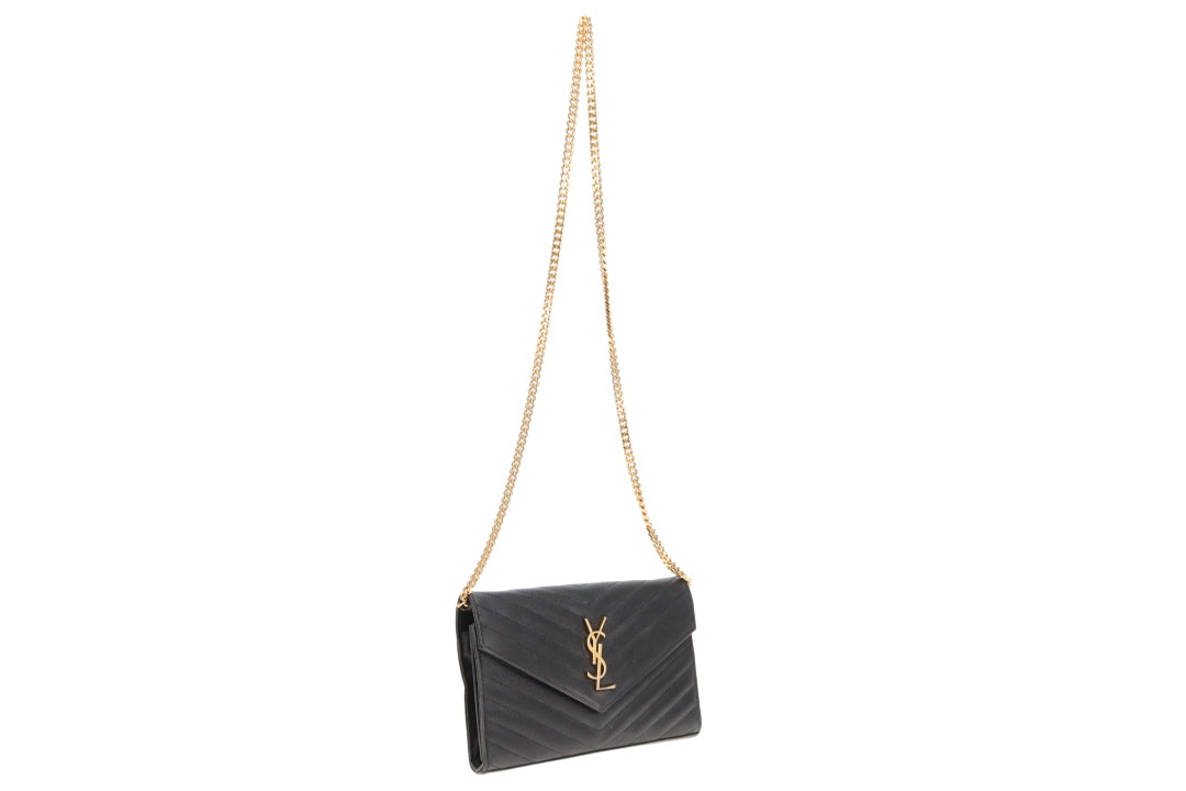 Saint Laurent Cassandre Wallet On Chain Black Grain De Poudre Gold Hardware
