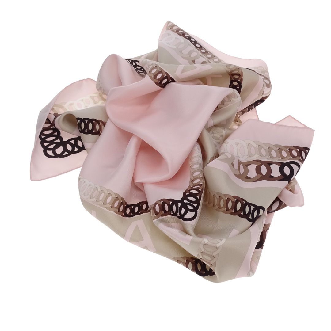 Chanel CC Chain Detail Silk Scarf With Pink Border 90cm