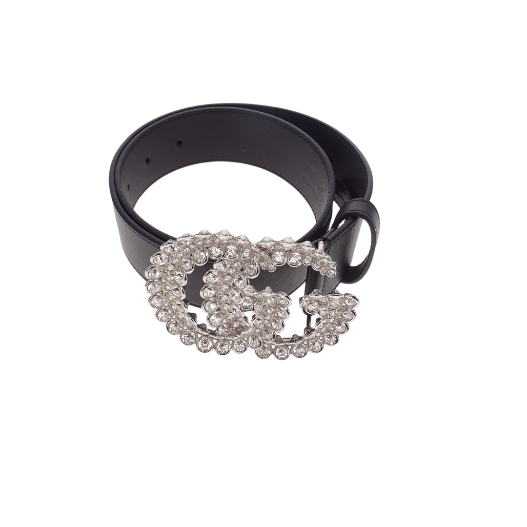 Gucci Black Calfskin Crystal Large Double G Belt 65cm