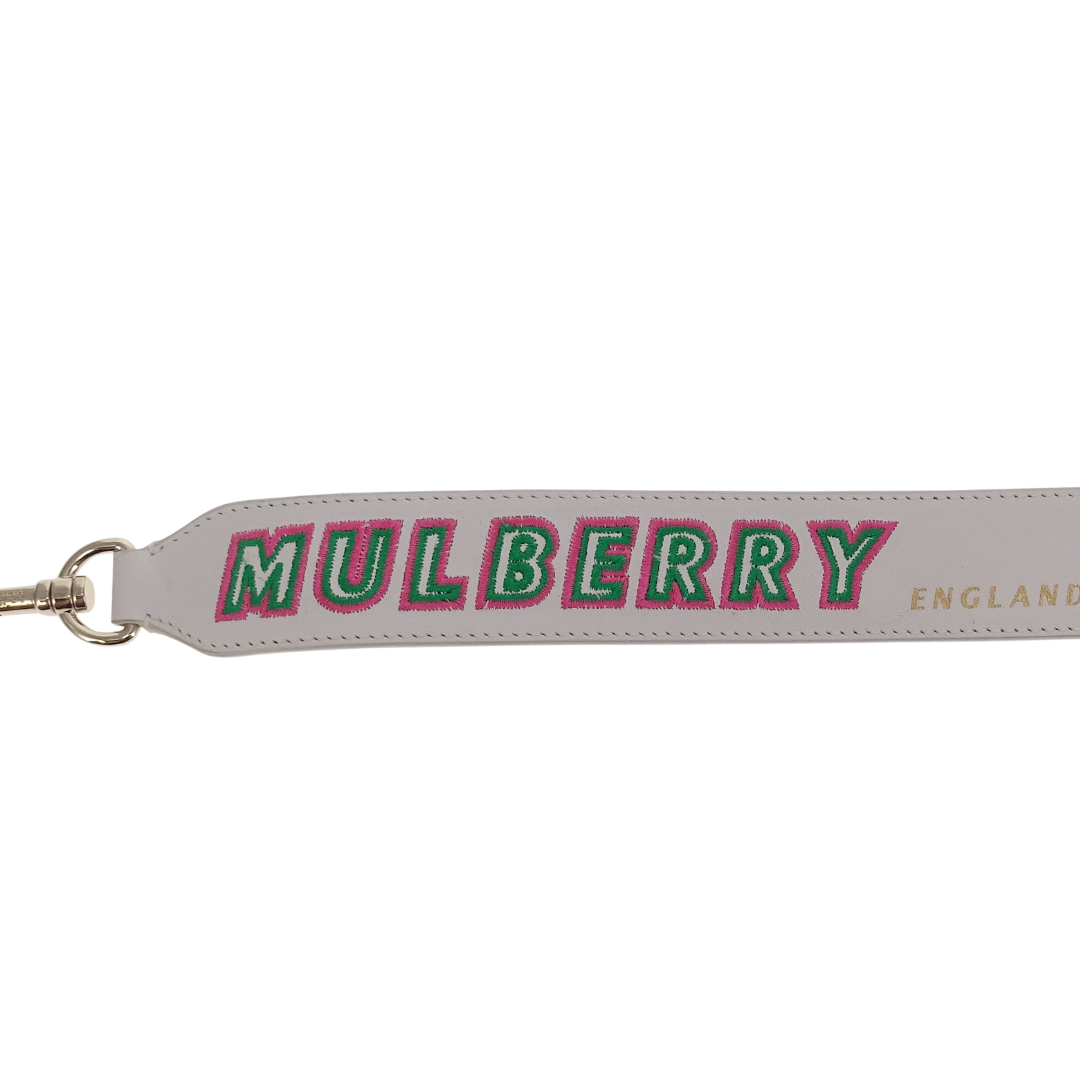 Mulberry Embroidered Logo Smooth Calf White & Neon Pink Bag Strap