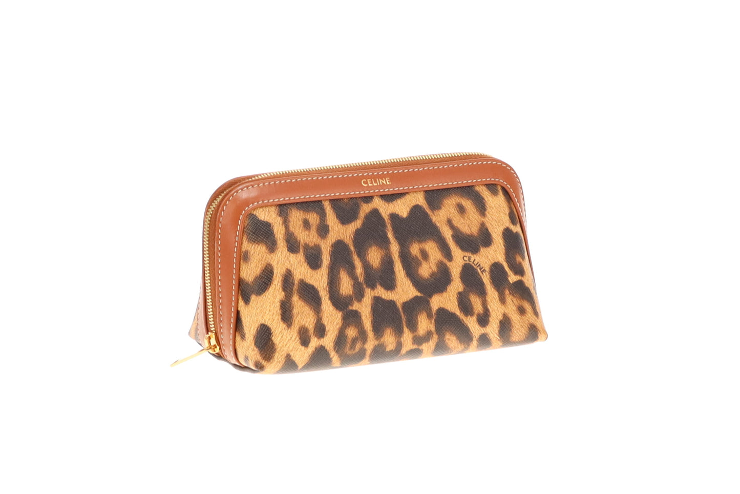 Celine Small Leopard Cosmetic Pouch Brown Leather Trim