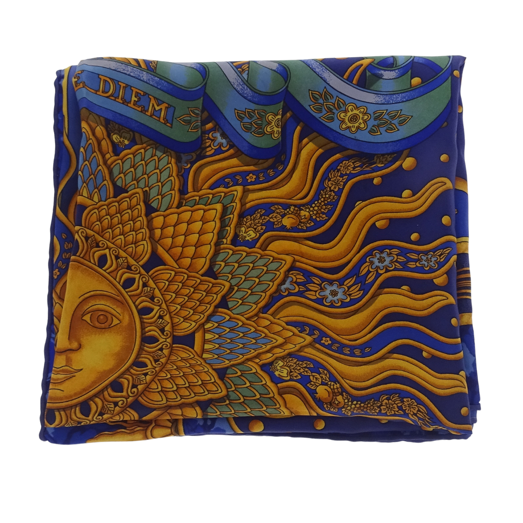 Hemres 100% Silk Blue and Gold 90x90cm Carpe Diem Scarf