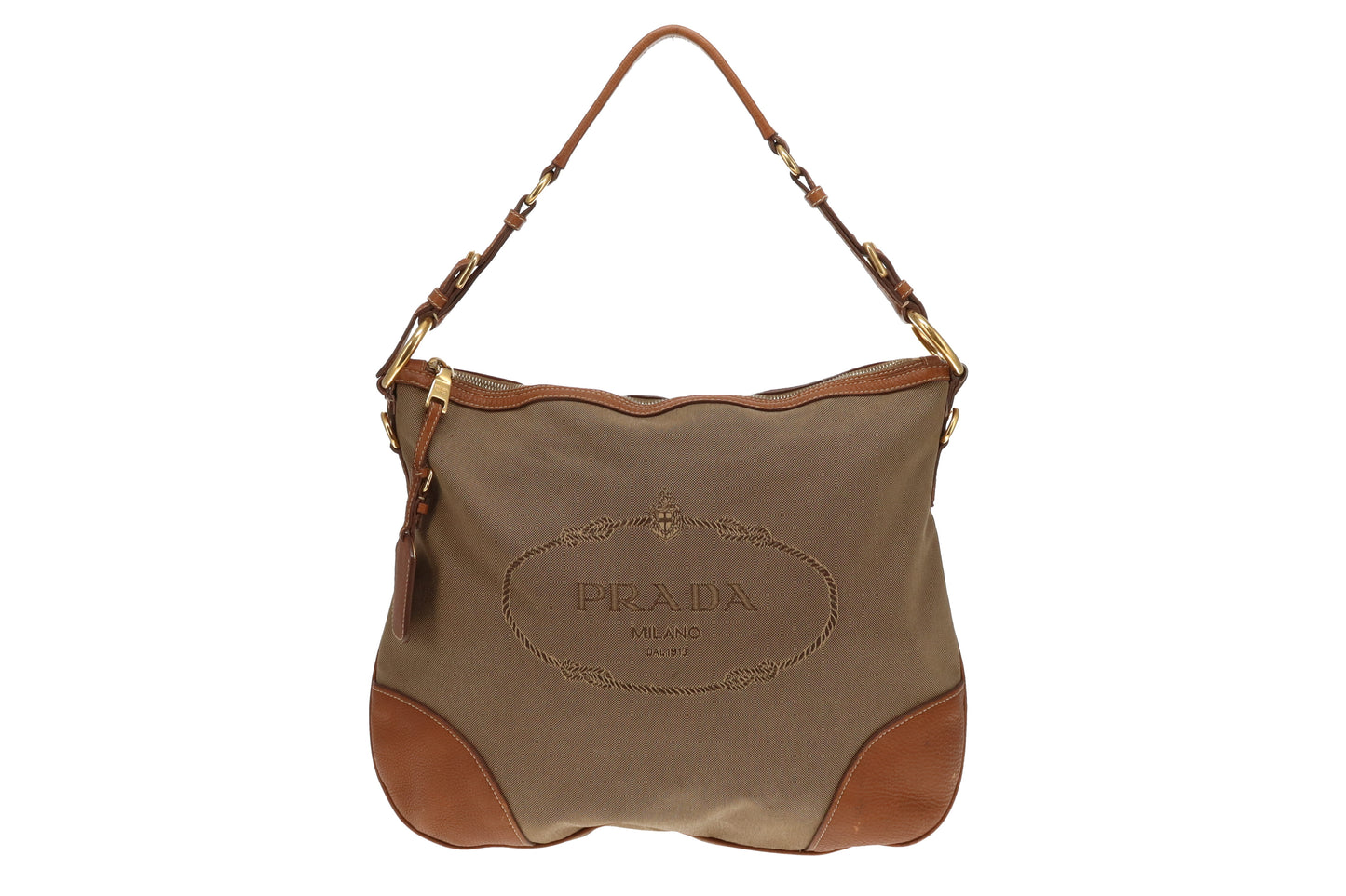 Prada Logo Shoulder Bag Khaki Canvas and Tan Leather