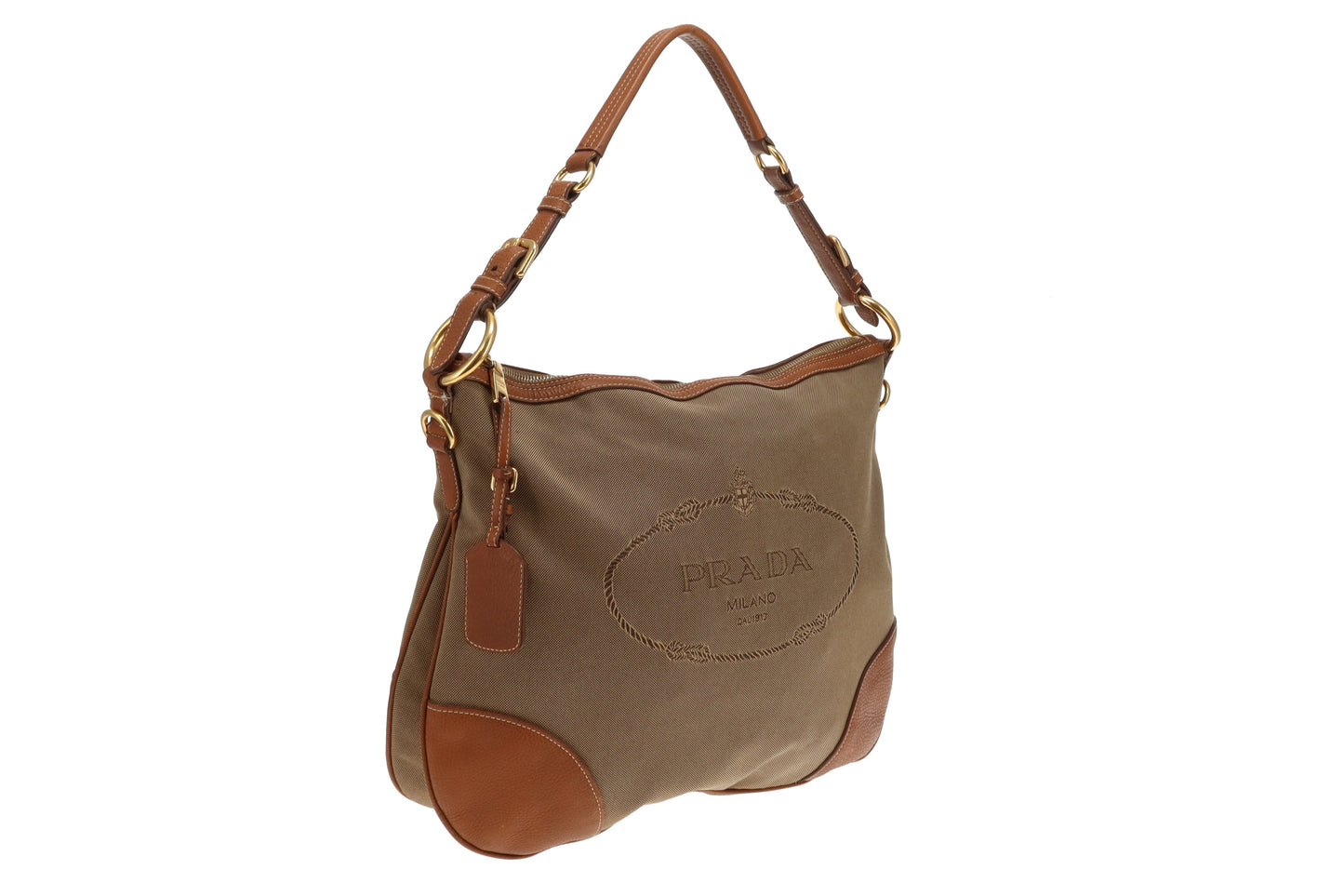Prada Logo Shoulder Bag Khaki Canvas and Tan Leather
