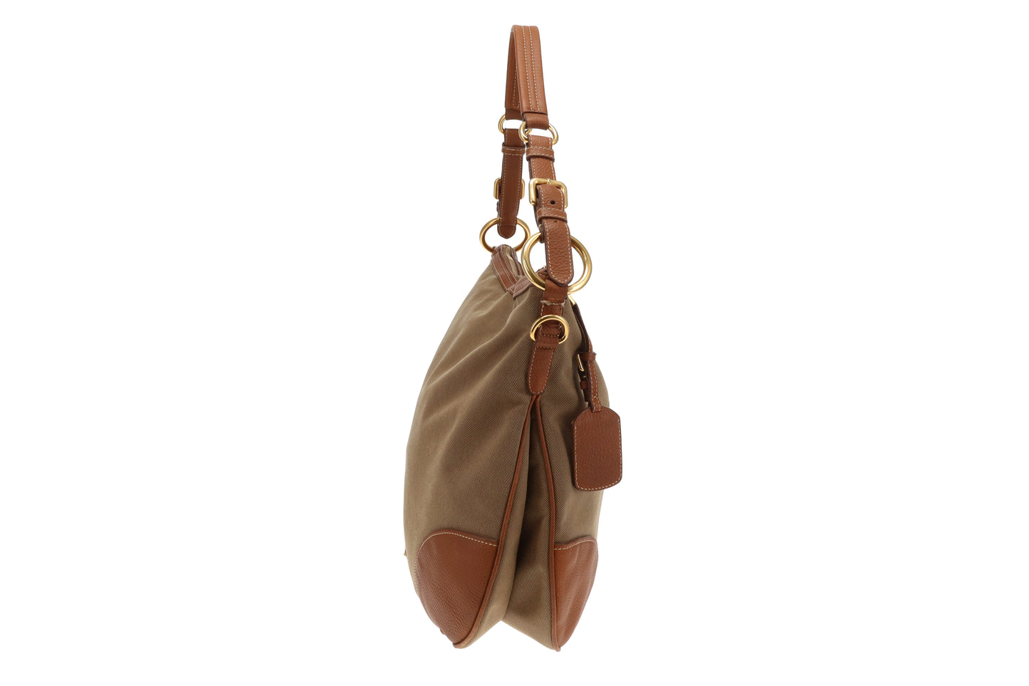 Prada Logo Shoulder Bag Khaki Canvas and Tan Leather