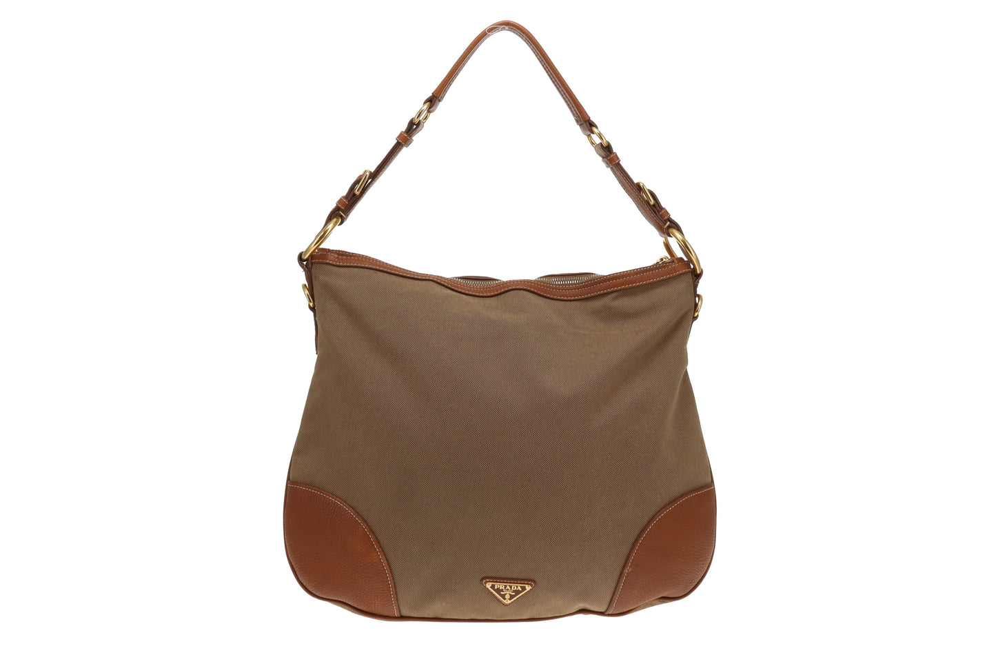 Prada Logo Shoulder Bag Khaki Canvas and Tan Leather