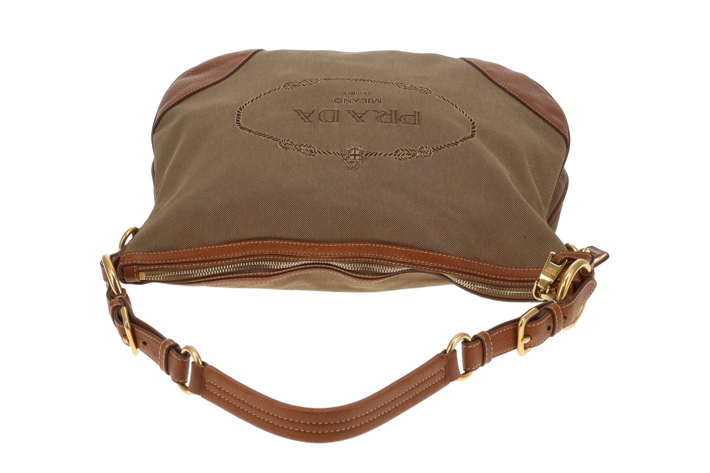 Prada Logo Shoulder Bag Khaki Canvas and Tan Leather