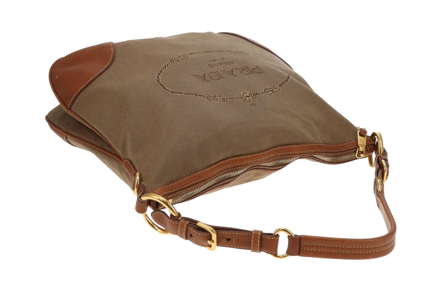 Prada Logo Shoulder Bag Khaki Canvas and Tan Leather