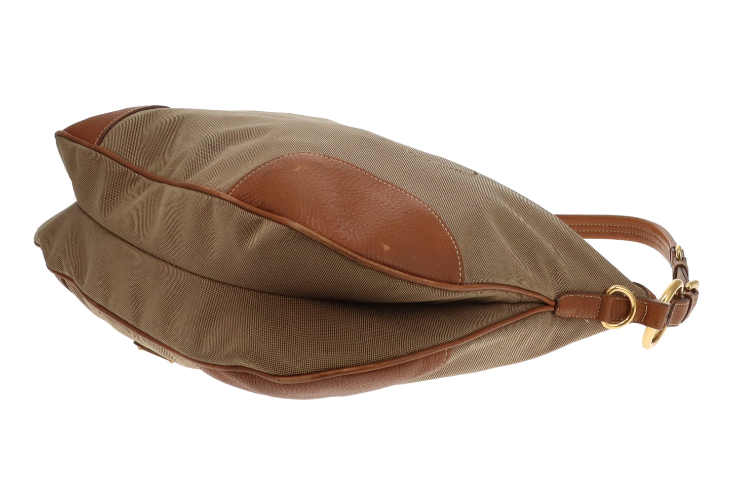 Prada Logo Shoulder Bag Khaki Canvas and Tan Leather