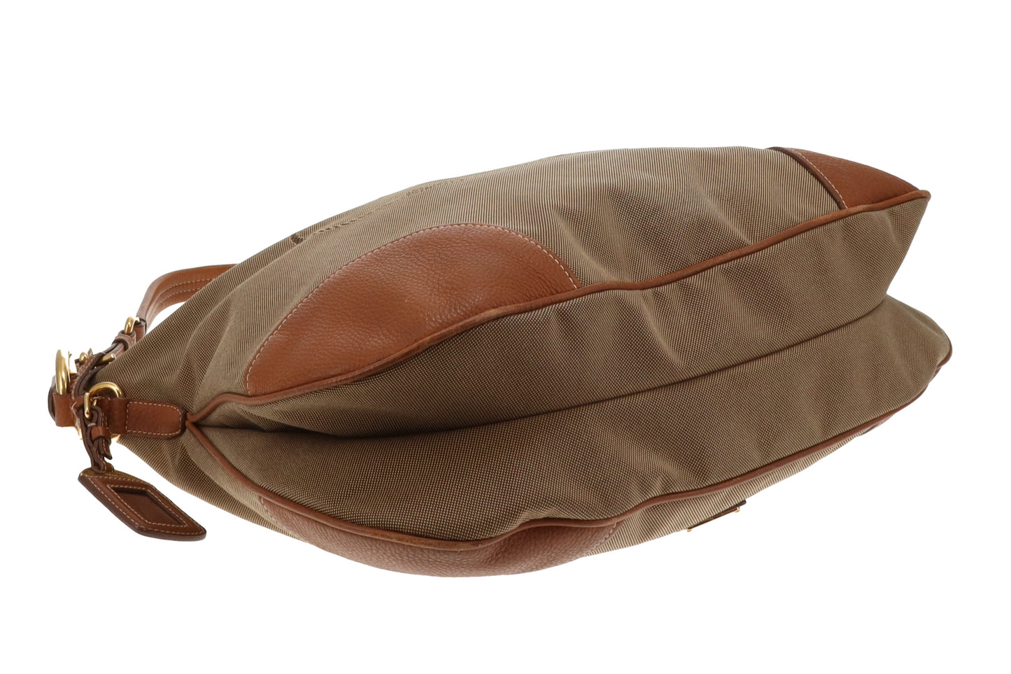 Prada Logo Shoulder Bag Khaki Canvas and Tan Leather