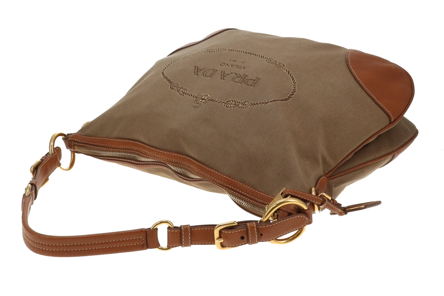 Prada Logo Shoulder Bag Khaki Canvas and Tan Leather