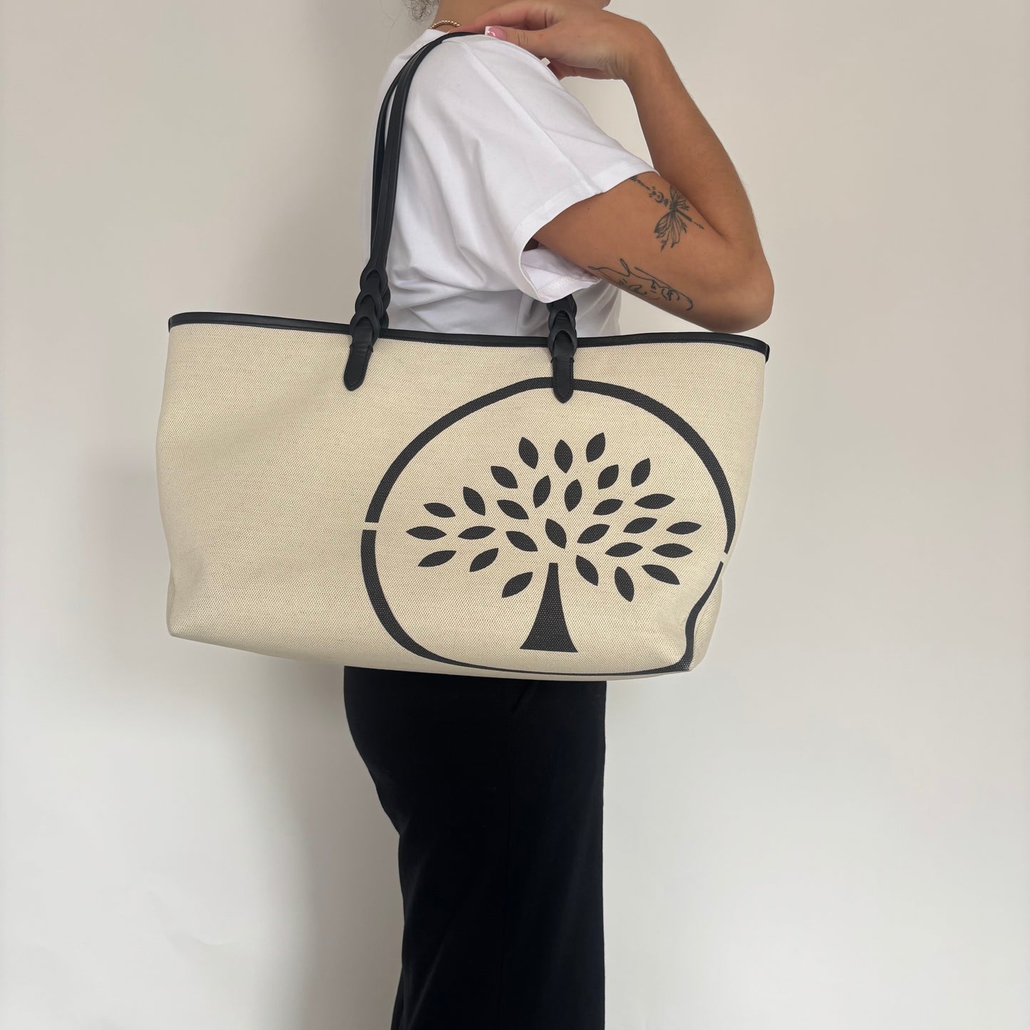Mulberry Logo Tote Bag Ecru Canvas and Black Leather