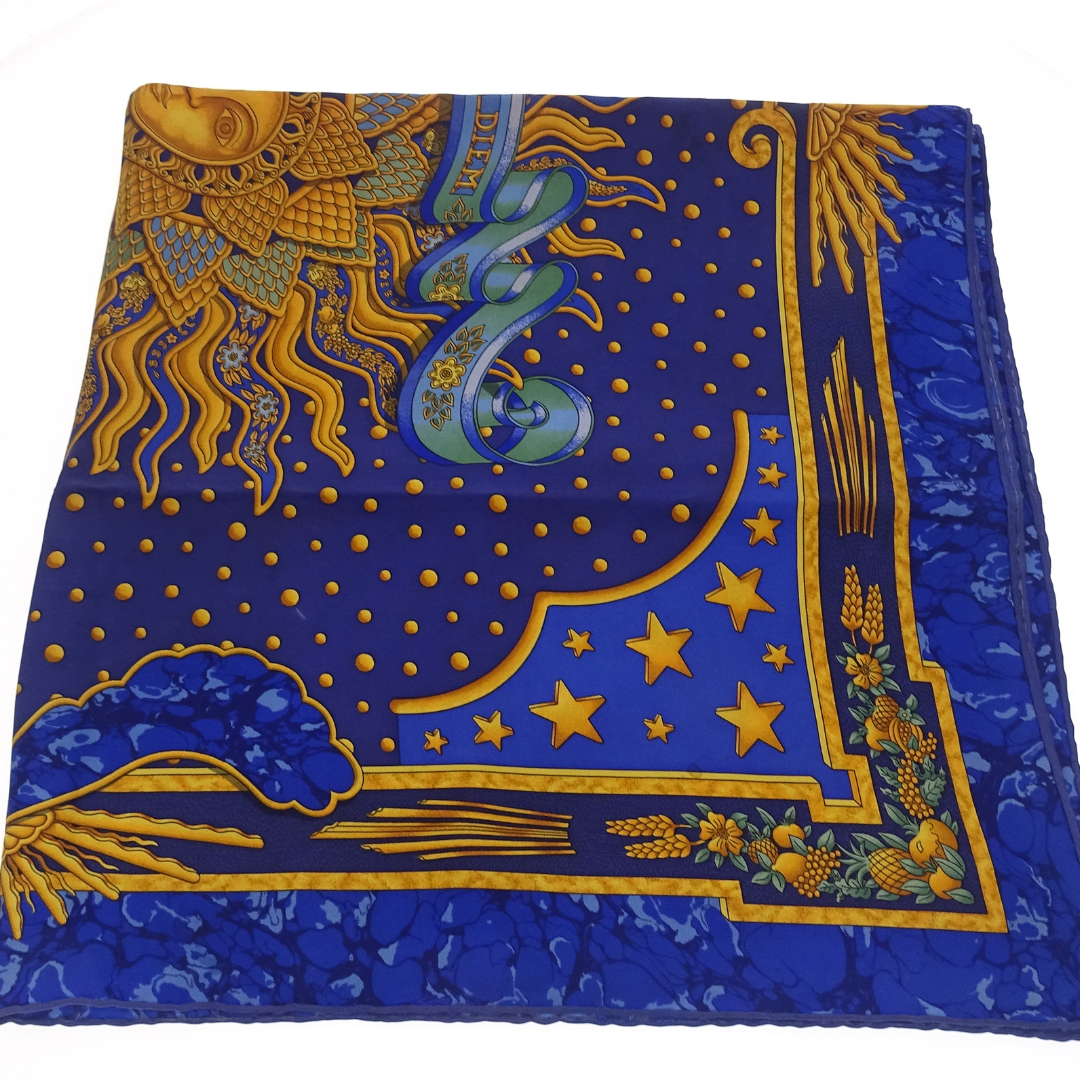 Hemres 100% Silk Blue and Gold 90x90cm Carpe Diem Scarf