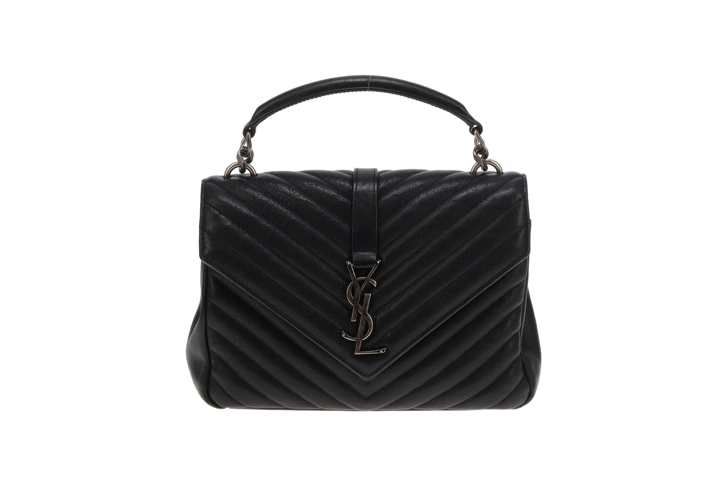 Saint Laurent College Bag Medium Black Chevron Leather 2017