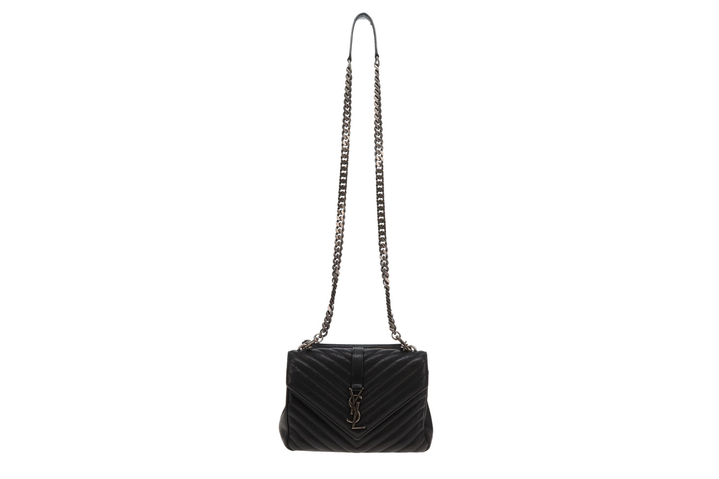 Saint Laurent College Bag Medium Black Chevron Leather 2017