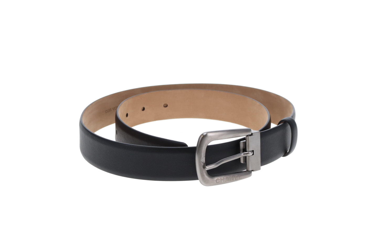 Chanel Belt Black Leather With Brushed Metal Buckle 95cm