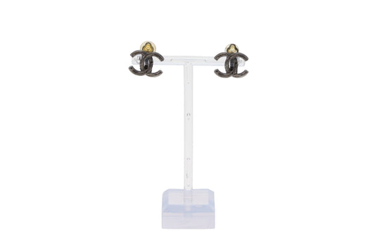 Chanel CC Earrings In Gunmetal Textured Clip On 10p