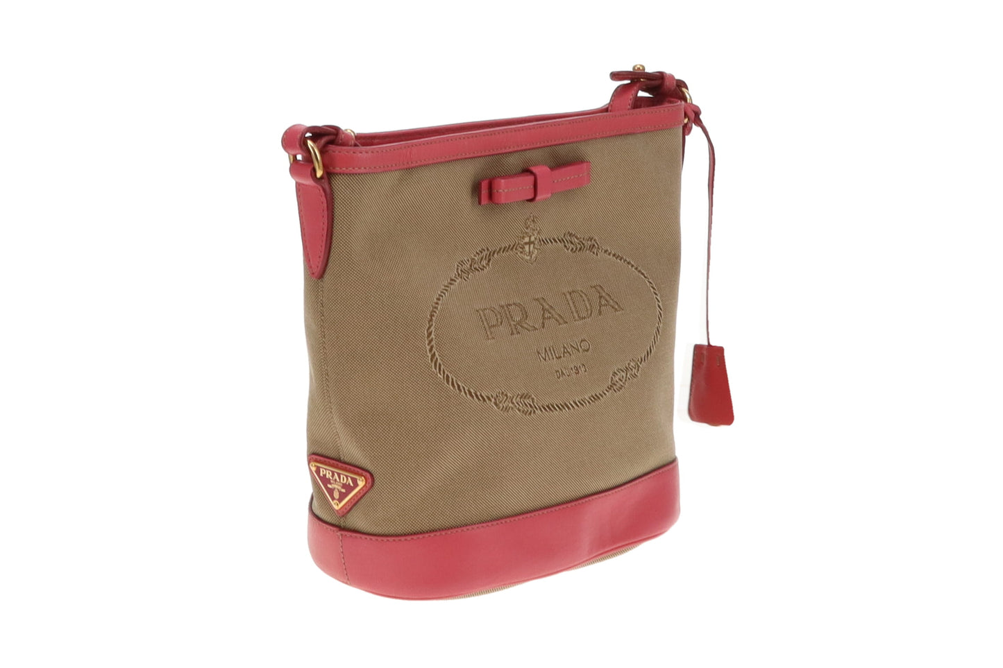 Prada Bucket Bag Logo Canvas and Pink Leather