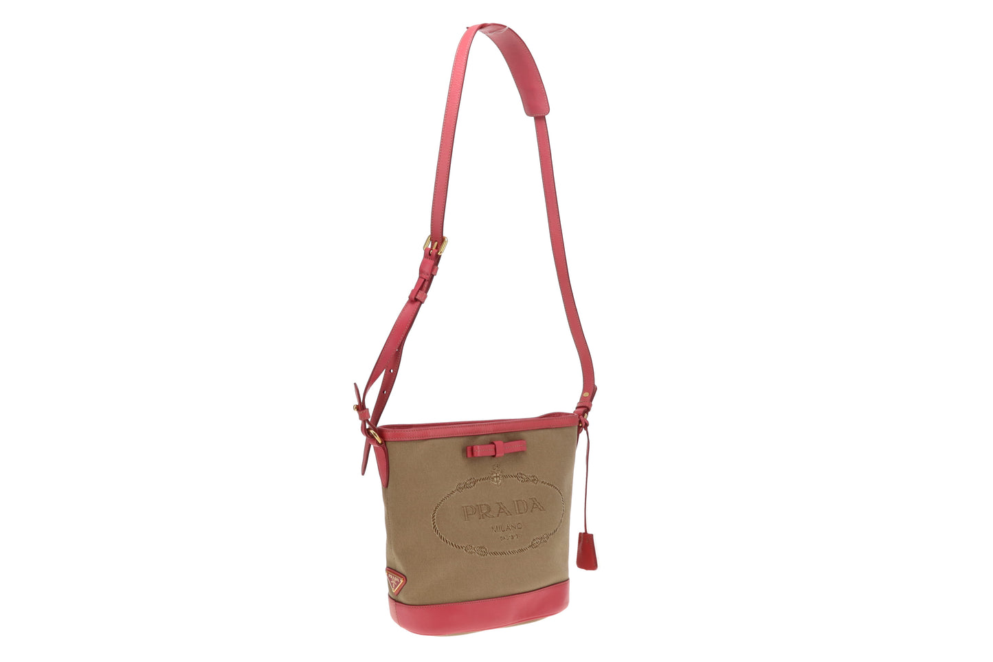 Prada Bucket Bag Logo Canvas and Pink Leather