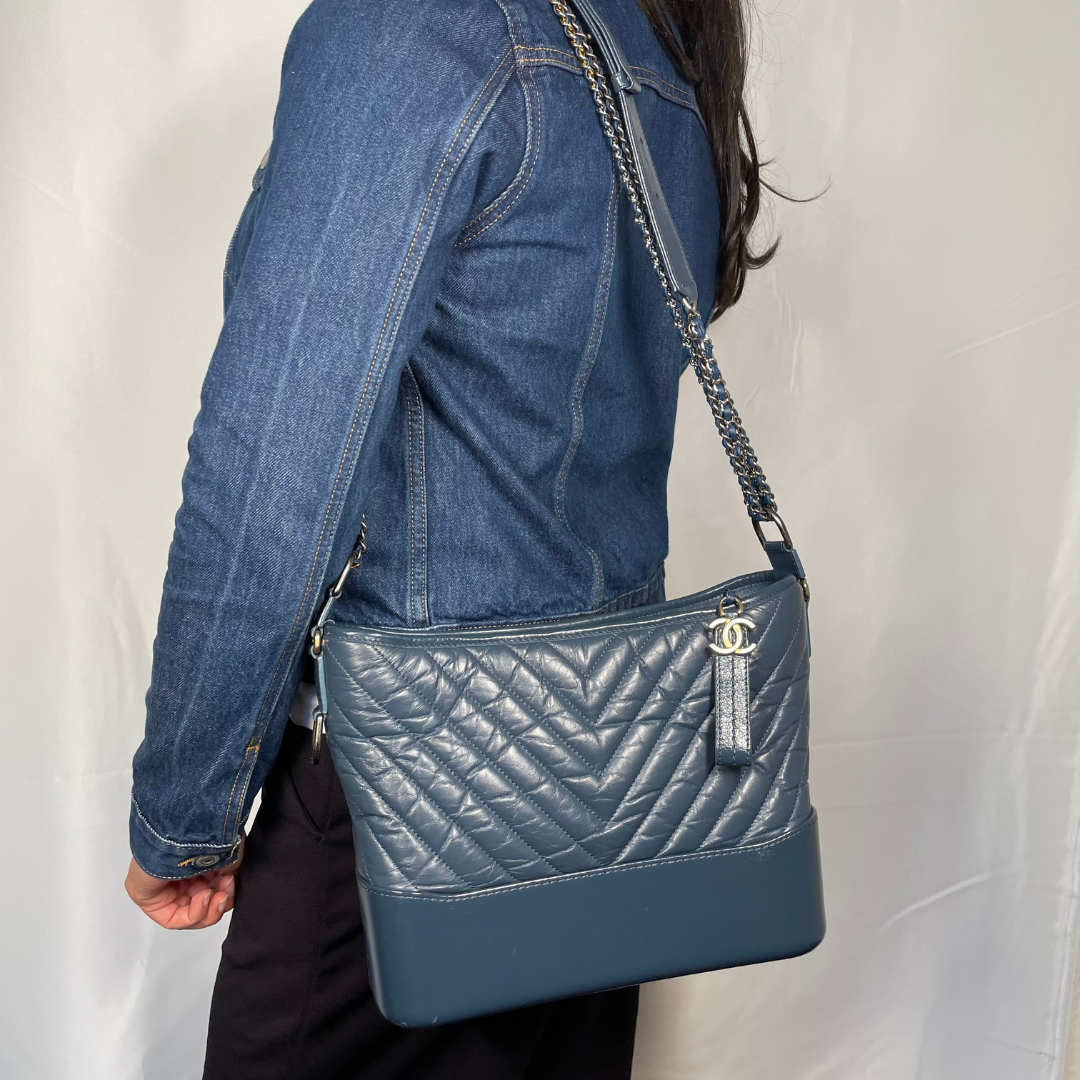 Chanel Dark Teal Chevron Aged Calfskin Medium Gabrielle Hobo 2018/19