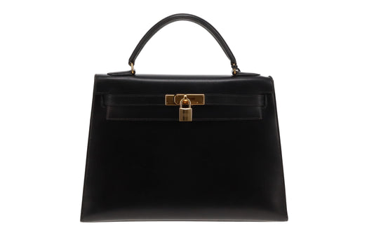 Hermes Black Box Leather GHW Vintage Kelly 32 1994