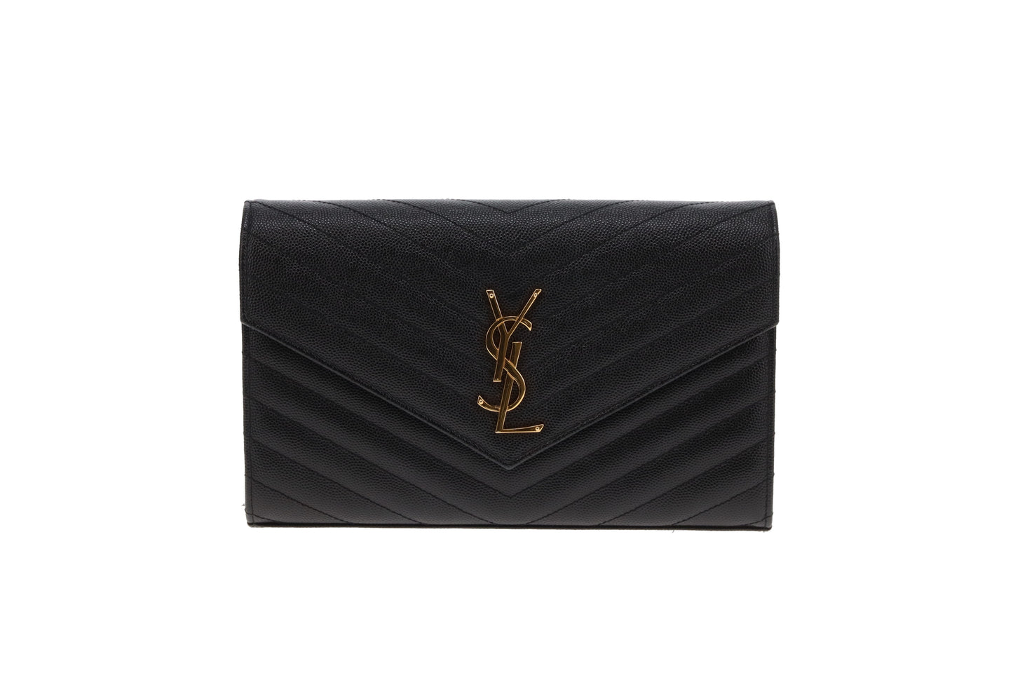 Saint Laurent Envelope Cassandre Chain Wallet In Black Grain De Poudre Leather
