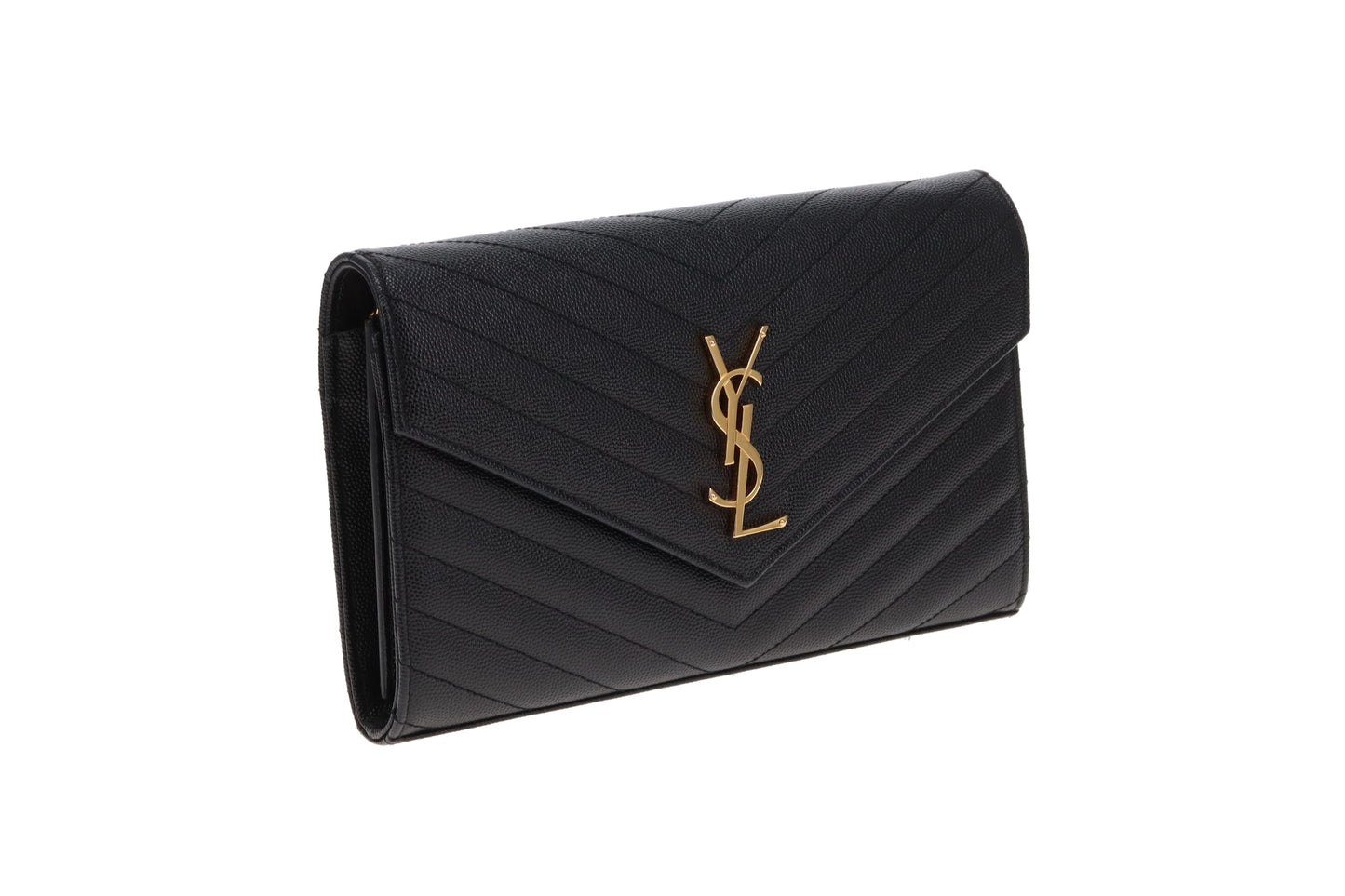 Saint Laurent Envelope Cassandre Chain Wallet In Black Grain De Poudre Leather
