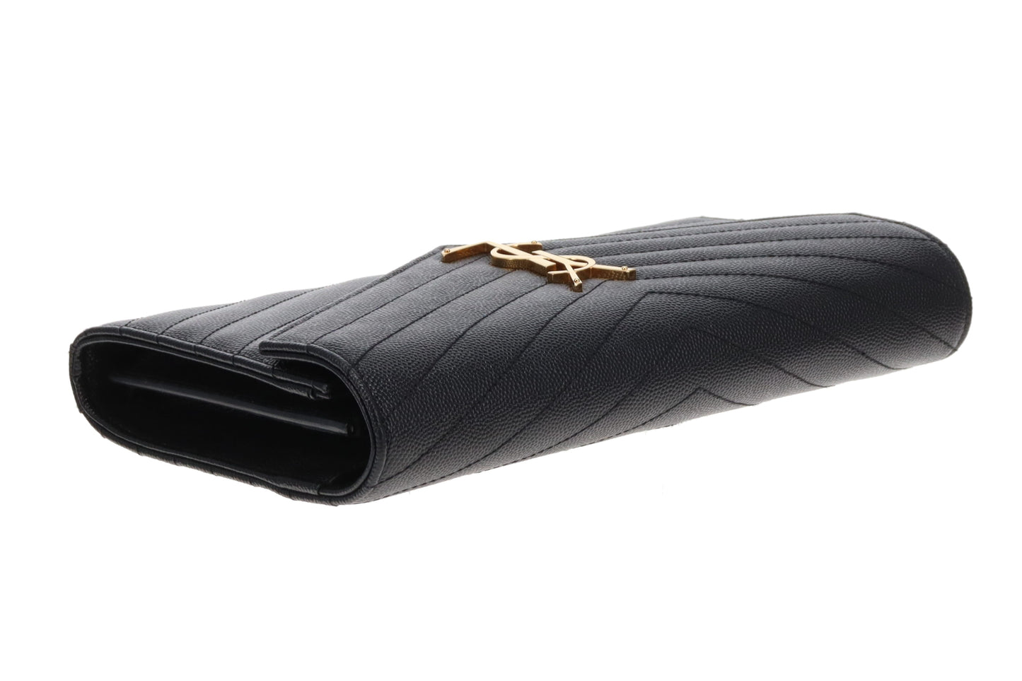 Saint Laurent Envelope Cassandre Chain Wallet In Black Grain De Poudre Leather