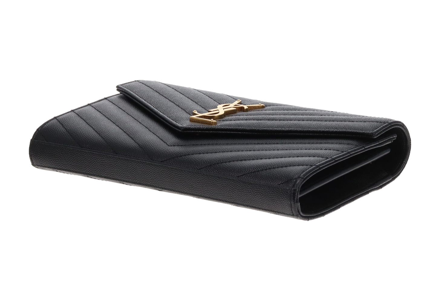 Saint Laurent Envelope Cassandre Chain Wallet In Black Grain De Poudre Leather