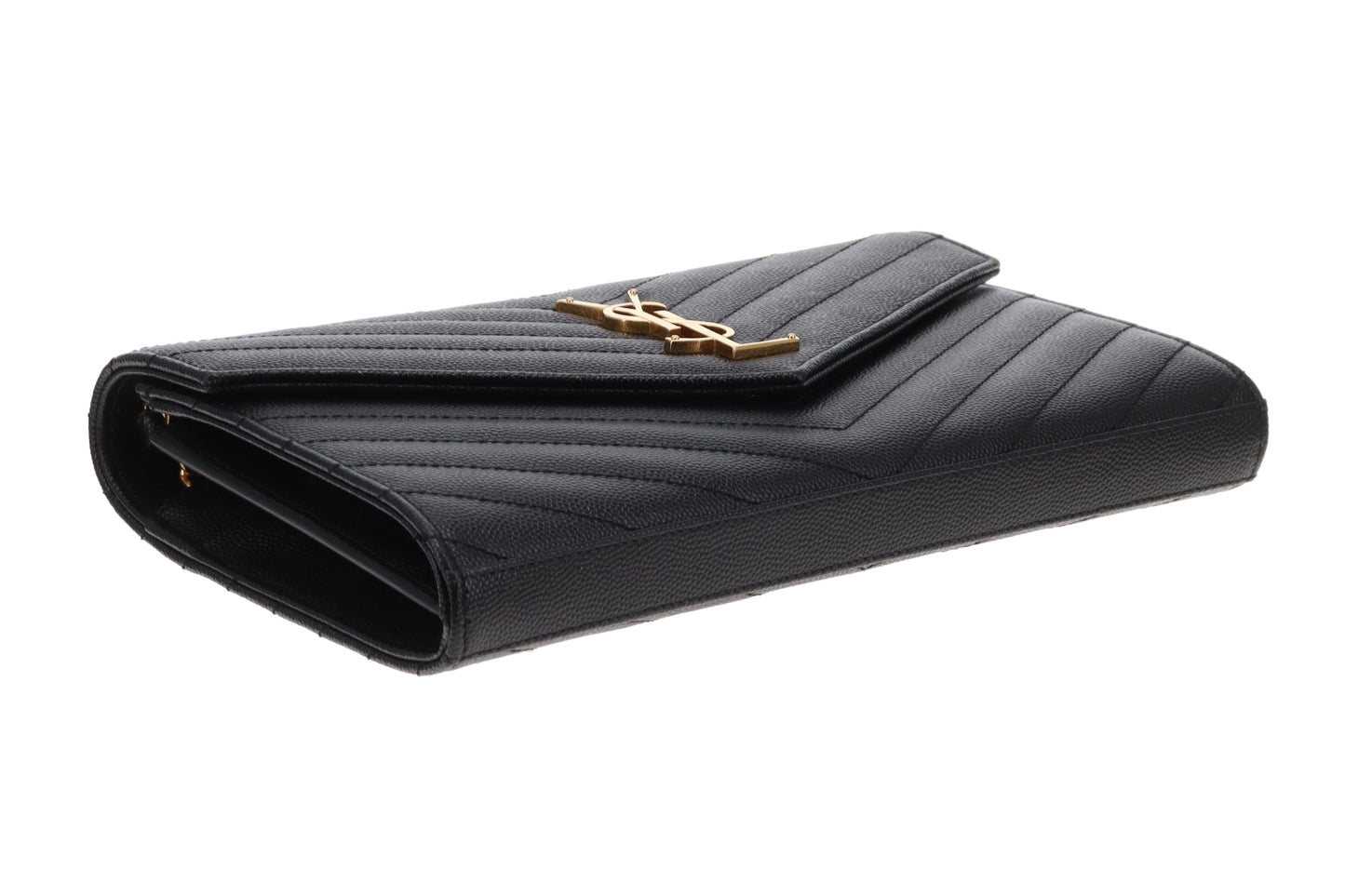 Saint Laurent Envelope Cassandre Chain Wallet In Black Grain De Poudre Leather