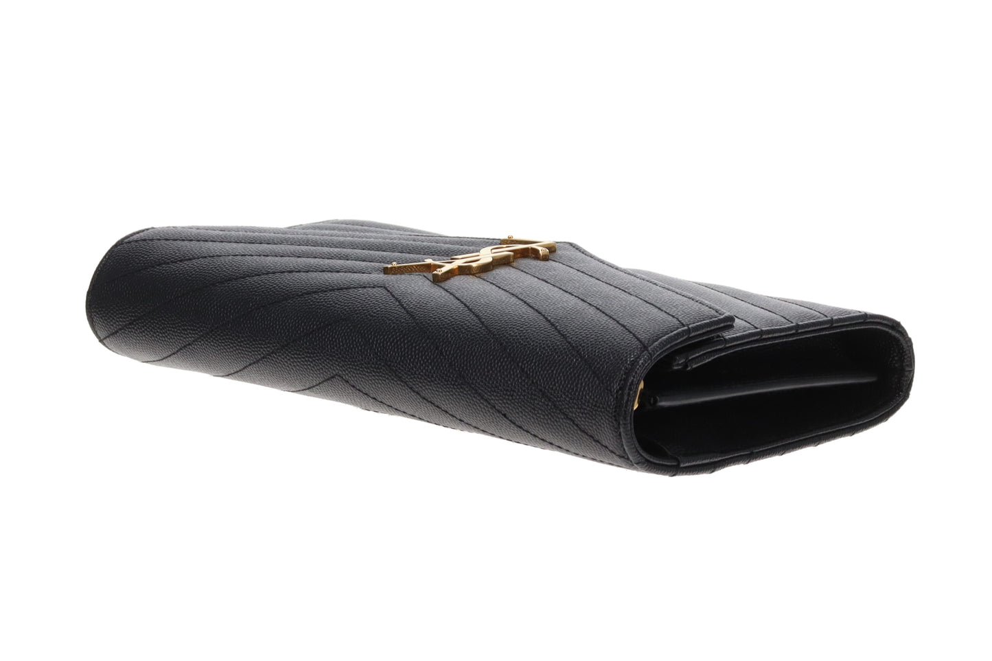 Saint Laurent Envelope Cassandre Chain Wallet In Black Grain De Poudre Leather