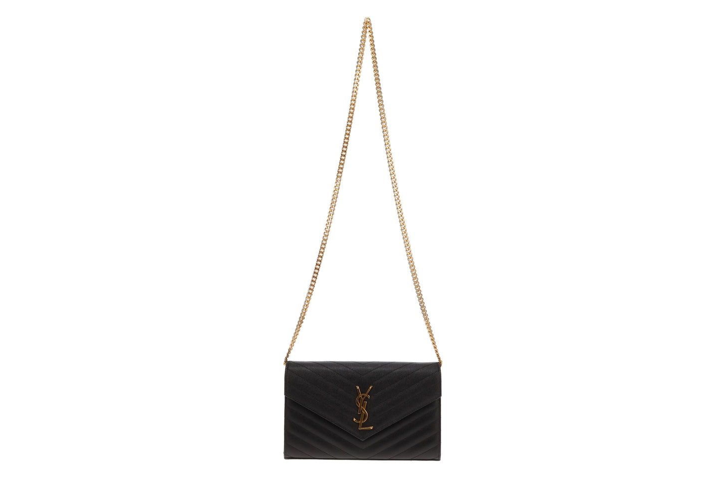 Saint Laurent Envelope Cassandre Chain Wallet In Black Grain De Poudre Leather